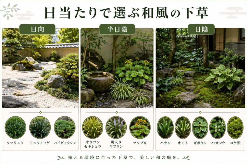 日向・半日陰・日陰に分けて、和風庭園に合う下草とグランドカバーを紹介した比較図