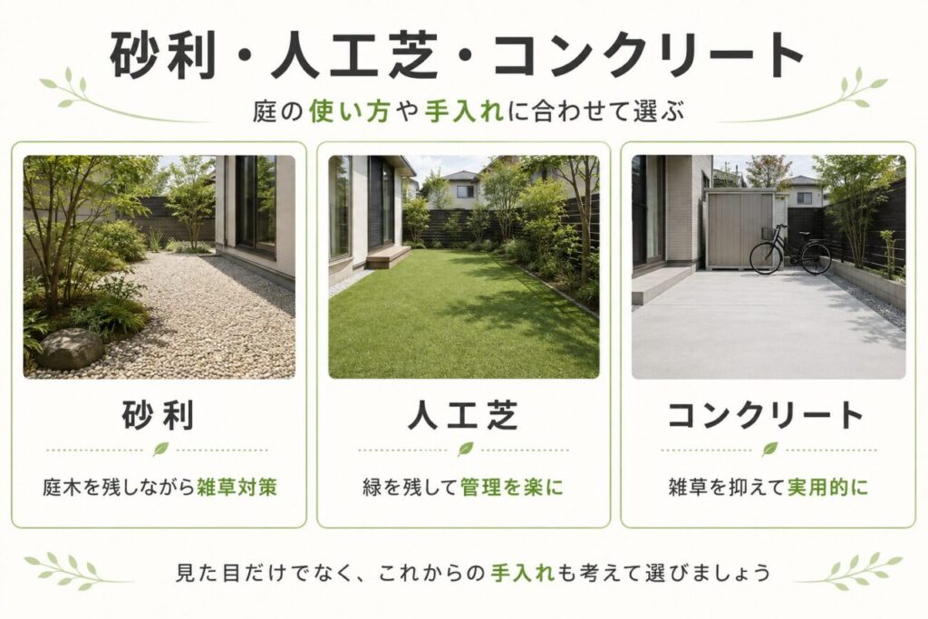 砂利・人工芝・コンクリートを使った庭リフォームの違いを3つの施工イメージで比較した図解。