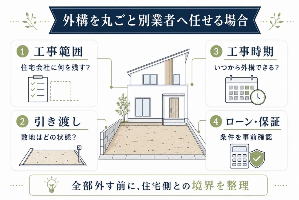 ハウスメーカーの外構を断る場合に、住宅会社へ残す工事範囲・引き渡し時の敷地状態・外構工事の開始時期・住宅ローンや保証を確認するポイントをまとめた図解