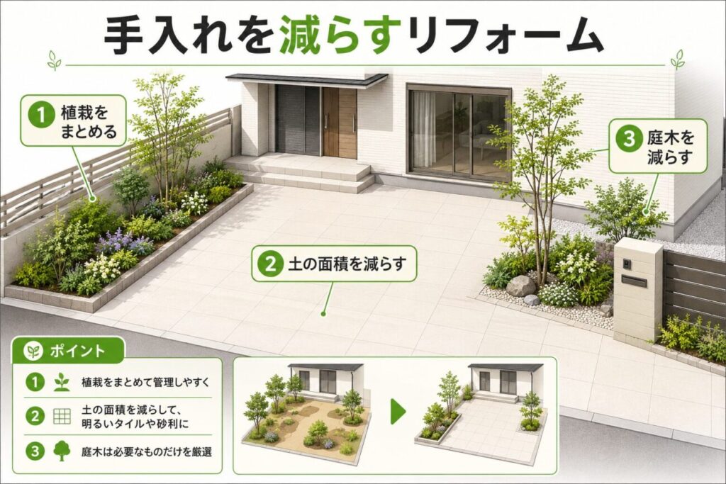 手入れを減らす庭リフォームの考え方を紹介する図解。植栽をまとめる、土の面積を減らす、庭木を減らす3つの方法をカード形式でまとめた画像。