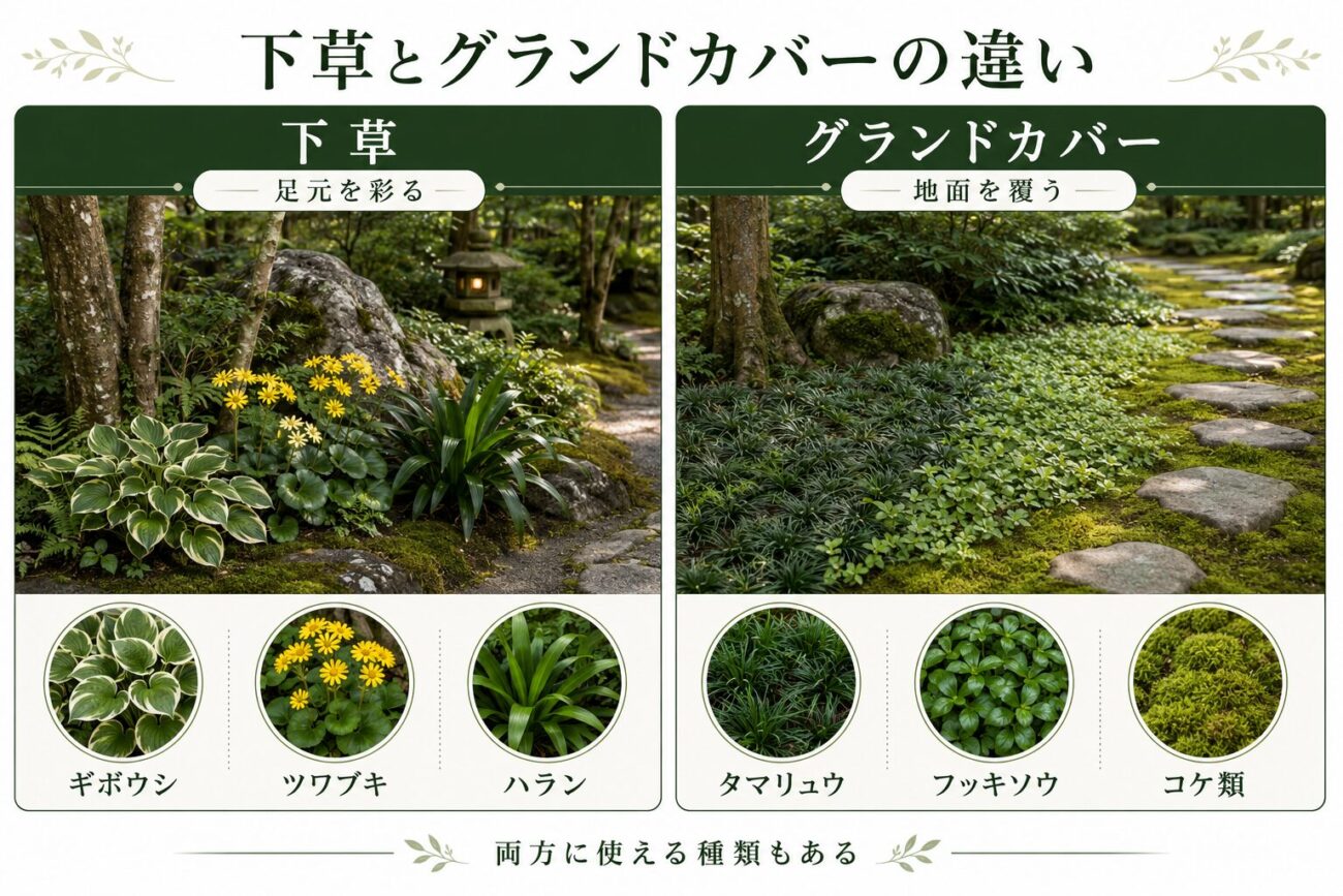 庭木や庭石の足元を彩る下草と、地面を広く覆うグランドカバーの違いを示した和風庭園の比較図