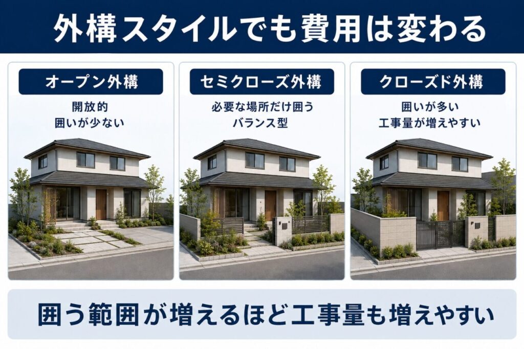 オープン外構・セミクローズ外構・クローズド外構の違いと工事量の傾向を比較した図解