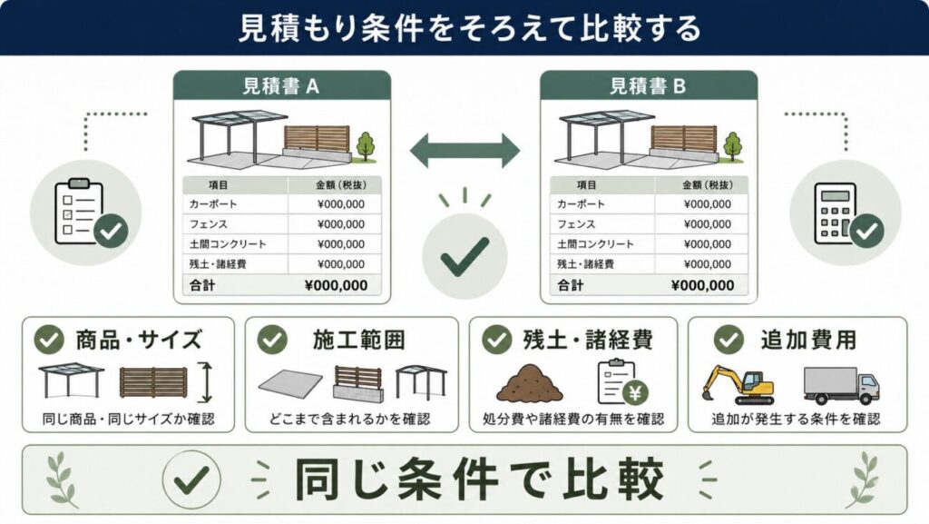 一条工務店の外構で提携外業者と見積もりを比較するときのポイントを整理した図解。2枚の見積書を並べ、商品やサイズ、施工範囲、残土処分、諸経費、追加費用などを同じ条件でそろえて比較する重要性を示している。一条工務店の外構で提携外を選ぶ際に、金額だけでなく見積もり内容まで確認するべきことが分かるイラスト。