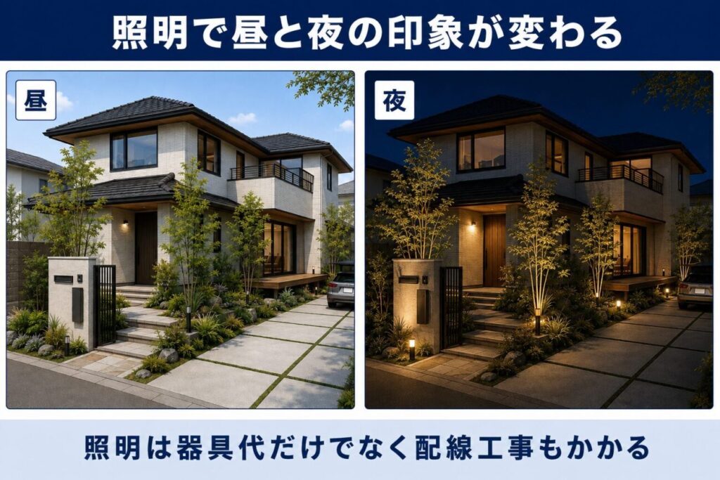 同じ住宅外構の昼と夜を比較し、庭木のライトアップやアプローチ照明で外観の印象が変わることを示した図解