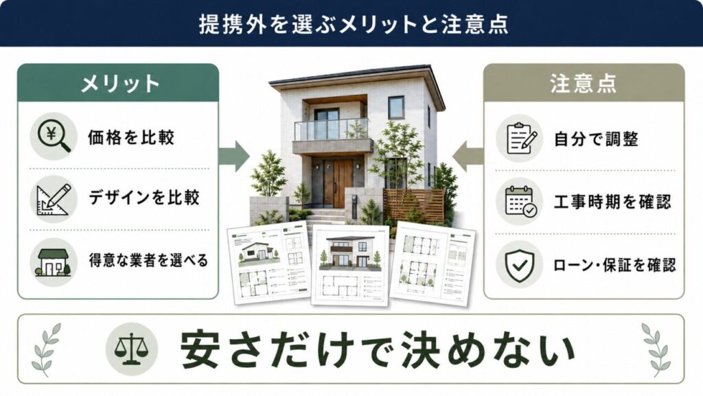 一条工務店の外構で提携外業者を選ぶメリットと注意点をまとめた図解。左側に価格比較、デザイン比較、得意分野で業者を選べるなどのメリットを示し、右側に工事時期の確認、住宅ローンや保証の確認、自分で調整する手間といった注意点を整理している。一条工務店の外構で提携外を検討するときに確認したい要点が分かるイラスト。