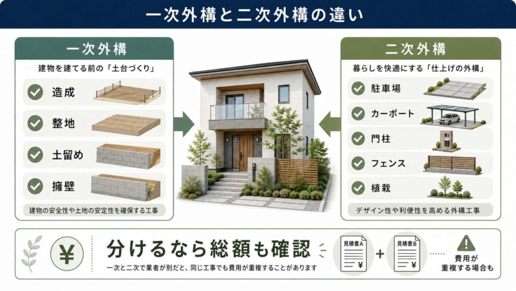 一条工務店の外構で提携外を検討するときに知っておきたい、一次外構と二次外構の違いを解説した図解。左側に造成、整地、土留め、擁壁など建築前や建物に関わる一次外構、右側に駐車場、カーポート、門柱、フェンス、植栽など暮らしを整える二次外構を分けて表示している。一条工務店の外構で提携外に依頼する範囲を考えるときに役立つイラスト。