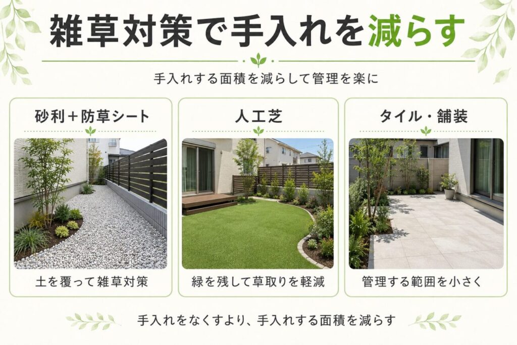 庭の雑草対策で手入れを減らす方法を紹介する図解。砂利と防草シート、人工芝、タイル・舗装の3つを比較し、土や手入れする面積を減らして庭の管理負担を軽くする考え方をまとめています。