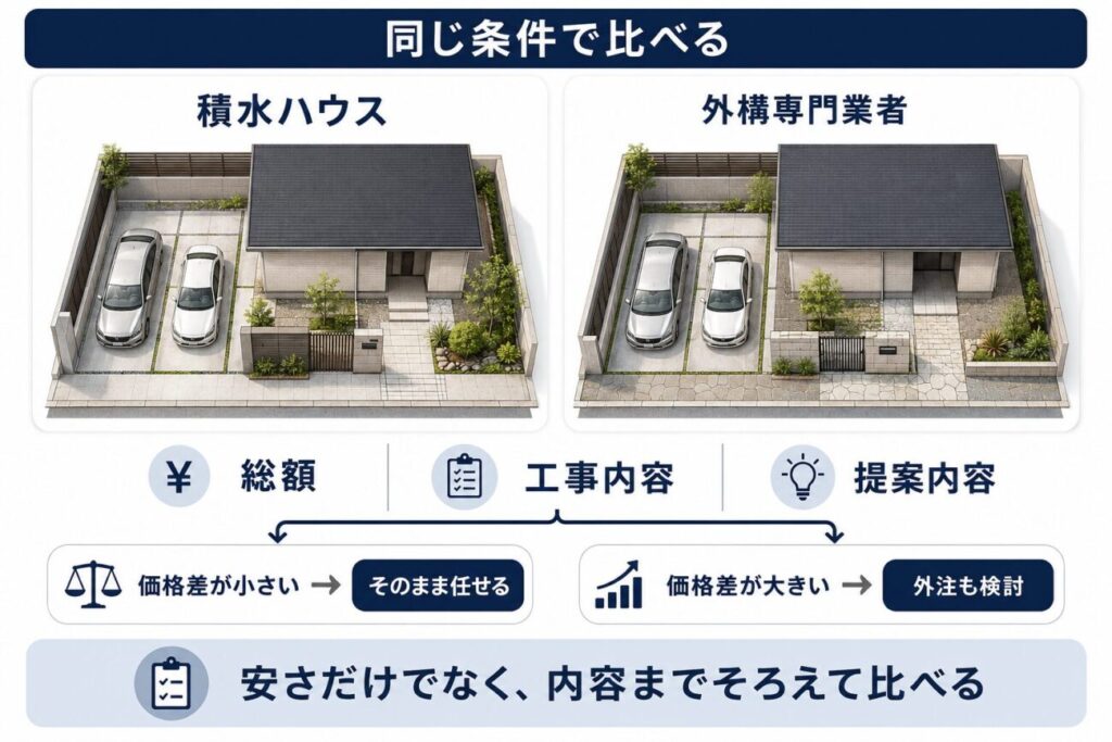 積水ハウスと外構専門業者の見積もりを、総額・工事内容・提案内容など同じ条件で比較する考え方を示した図解