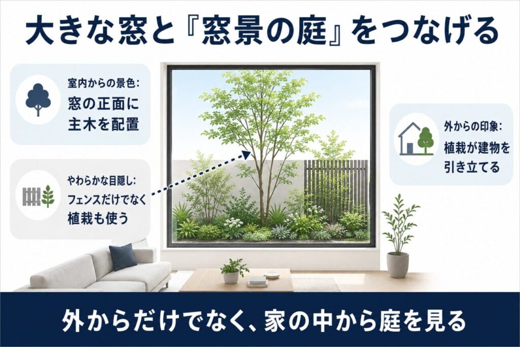 住友林業の外構費用と庭づくりで、大きな窓から見える主木や植栽を計画する窓景の庭を解説した図解