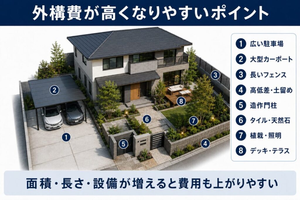 駐車場・カーポート・フェンス・土留め・門柱・天然石・植栽・デッキなど外構費が高くなりやすいポイントを示した図解