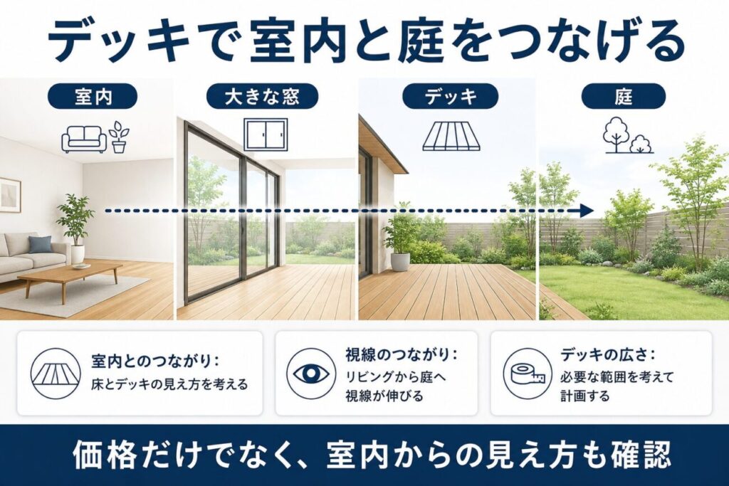 住友林業の外構費用に関わるデッキについて、室内・大きな窓・デッキ・庭のつながりを解説した図解