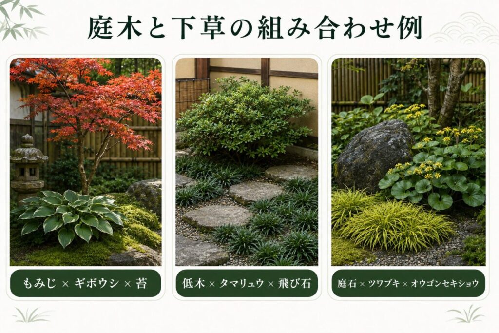 もみじとギボウシ、低木とタマリュウ、庭石とツワブキを組み合わせた和風庭園の植栽例