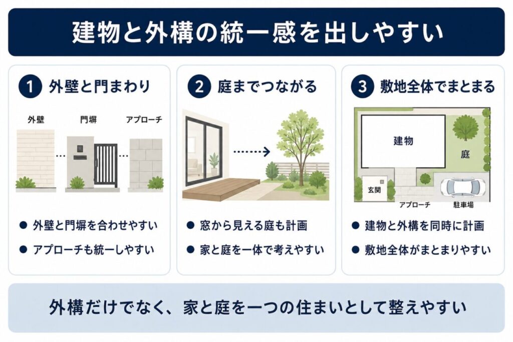 積水ハウスへ外構まで任せることで、外壁と門まわり、窓から見える庭、敷地全体に統一感を出しやすいことを示した図解