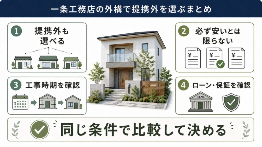 一条工務店の外構で提携外業者を選ぶ際のポイントをまとめた図解。提携外も選べること、必ず安いとは限らないこと、工事時期の確認、住宅ローンや保証の確認など、重要なポイントを4つのブロックで整理している。一条工務店の外構で提携外を比較するときに、同じ条件で見積もりを比べて決める大切さを伝えるまとめイラスト。