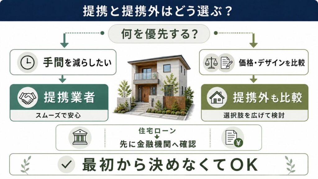 一条工務店の外構で提携業者と提携外業者をどう選ぶかを整理した図解。手間を減らしたい場合は提携業者、価格やデザインを比較したい場合は提携外も比較という分岐で示し、住宅ローンについては先に金融機関へ確認する流れも加えている。一条工務店の外構で提携外を選ぶか迷っている人に向けた判断ポイントが分かるイラスト。