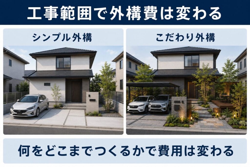 シンプル外構とこだわり外構を比較し、カーポートや門柱、植栽など工事範囲で外構費が変わることを示した図解