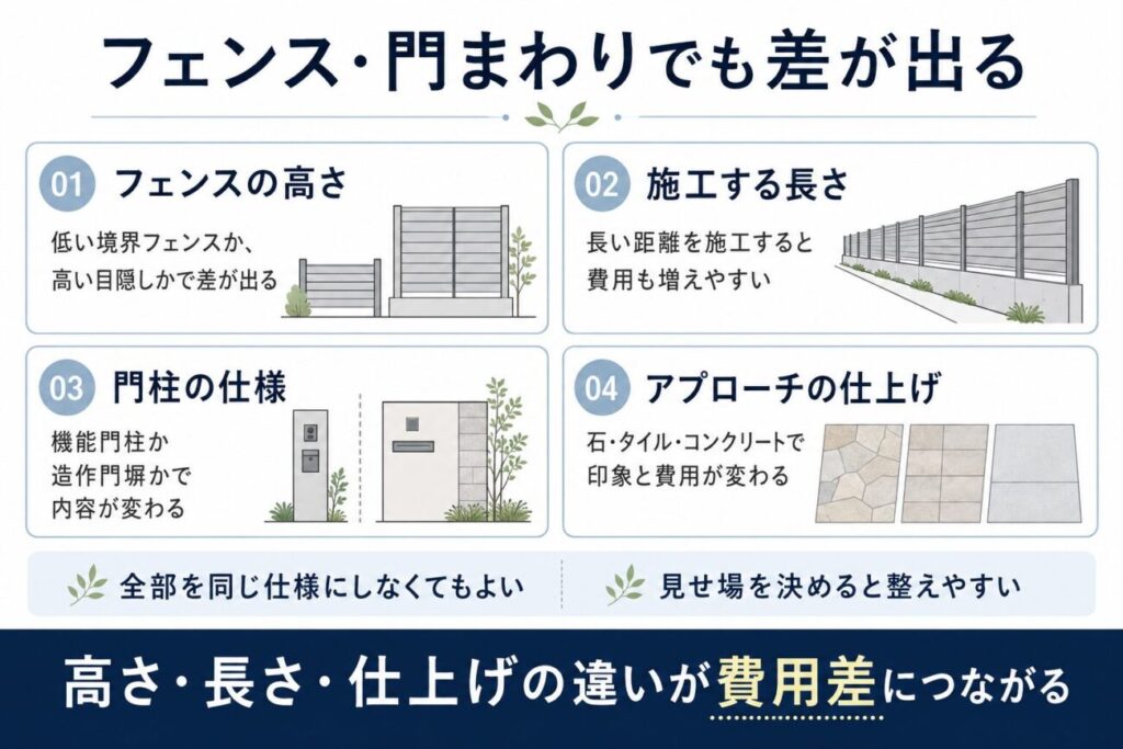 住友林業の外構費用がフェンスの高さや長さ、門柱、アプローチの仕上げで変わることを解説した図解