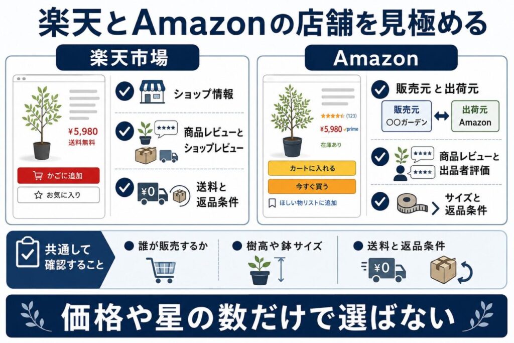 楽天市場とAmazonで庭木を購入するときの販売店確認ポイントを比較した図解。ショップ情報、販売元と出荷元、レビュー、樹高や鉢サイズ、送料、返品条件を解説。