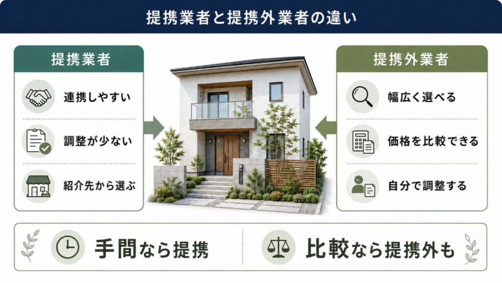 一条工務店の外構で提携業者と提携外業者の違いを比較した図解。左側に提携業者、右側に提携外業者を配置し、連携のしやすさ、調整の手間、業者選びの自由度、価格比較のしやすさなどを視覚的に整理している。一条工務店の外構で提携外を検討している人が、提携との違いをひと目で理解できる比較イラスト。