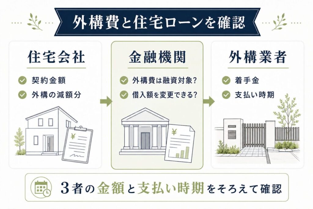 ハウスメーカーの外構を断る際に確認したい、住宅会社の契約金額・金融機関の住宅ローン・外構業者への着手金や支払い時期の関係を示した図解