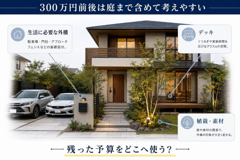 積水ハウスの外構費用を300万円前後で考える場合に、駐車場・門柱・アプローチに加えて、ウッドデッキや植栽など庭へ予算を配分する考え方を示した図解