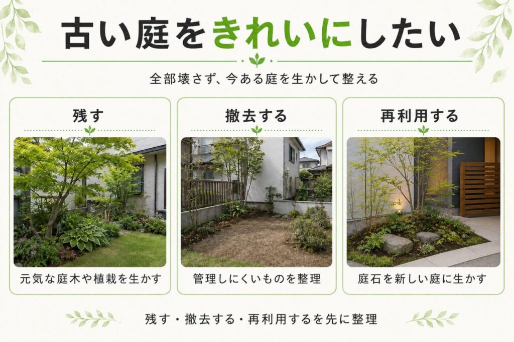 古い庭を生かしてリフォームする方法を紹介する図解。元気な庭木や植栽を残す、管理しにくいものを撤去する、既存の庭石を和モダンな植栽スペースへ再利用する3つの考え方をまとめています。
