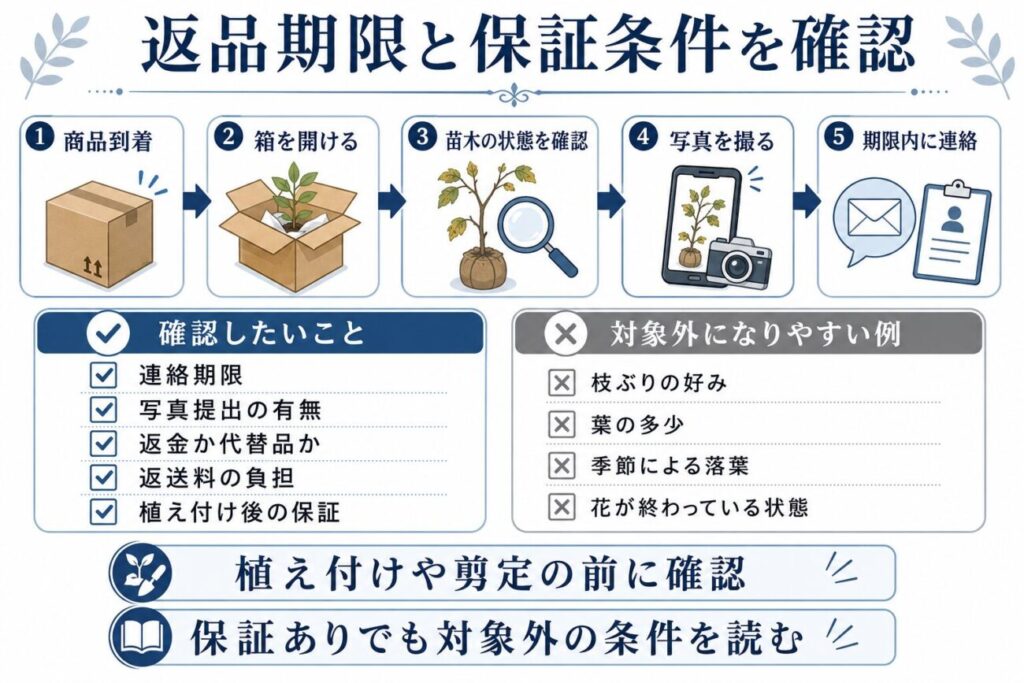 通販で届いた庭木の返品期限と保証条件を確認する手順の図解。苗木の状態確認、写真撮影、販売店への連絡を植え付けや剪定の前に行う流れを解説。