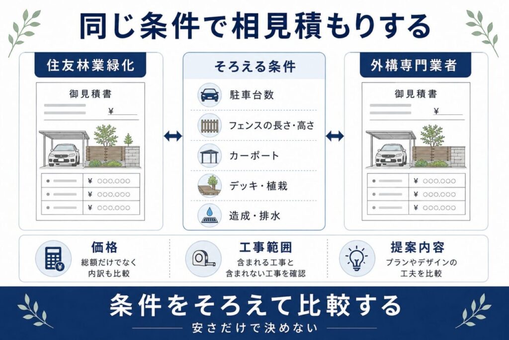 住友林業の外構費用と外注を比較するときに、駐車台数やフェンス、カーポートなど同じ条件で相見積もりする方法を解説した図解