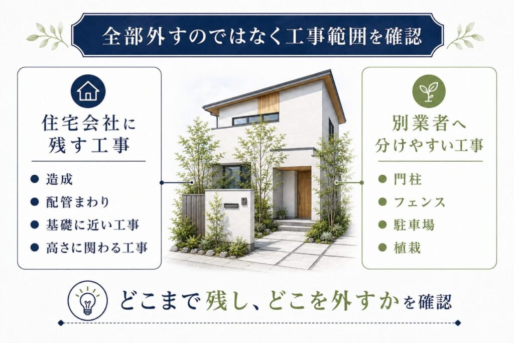 ハウスメーカーに残す外構工事と別業者へ分けやすい工事の範囲を比較した図解