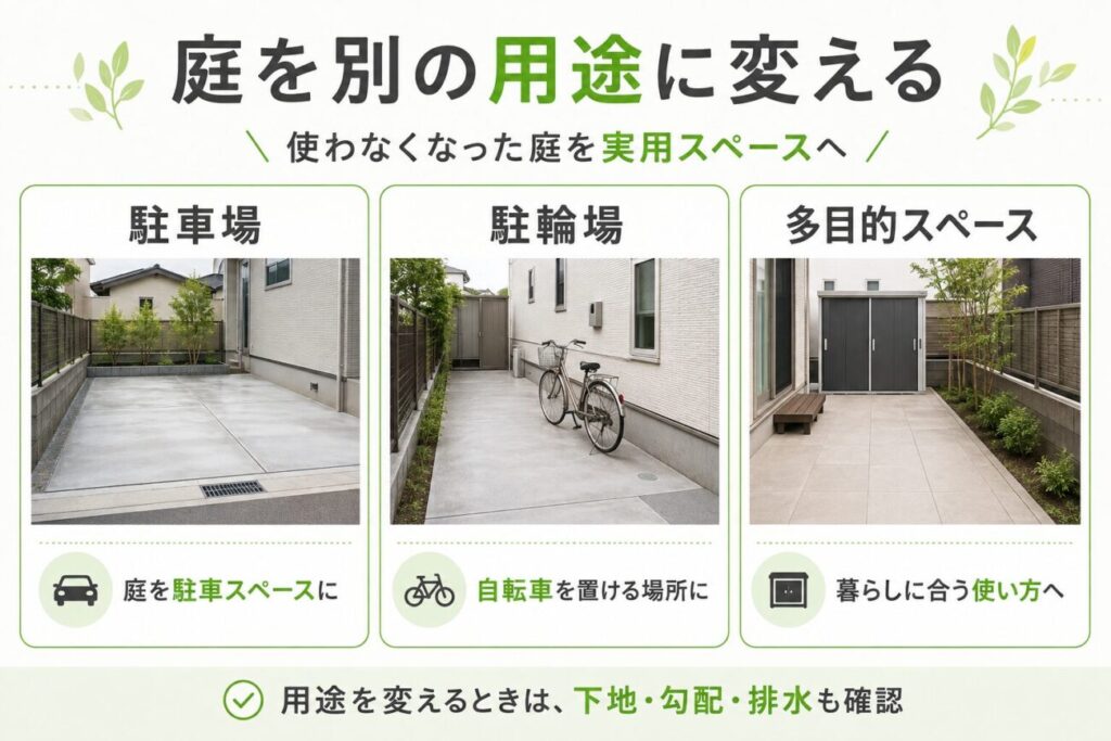 庭を駐車場・駐輪場・多目的スペースへ変更する庭リフォームの方法を3つの例で紹介した図解。