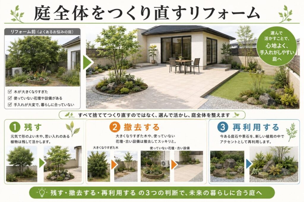 庭全体をつくり直すリフォームの考え方を紹介する図解。庭木や庭石を残す・撤去する・再利用する3つの判断をカード形式でまとめた画像。