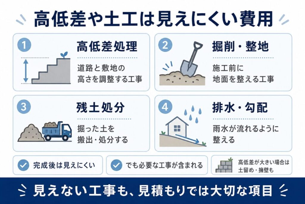 住友林業の外構費用に影響する高低差処理・掘削整地・残土処分・排水勾配など見えにくい工事を解説した図解