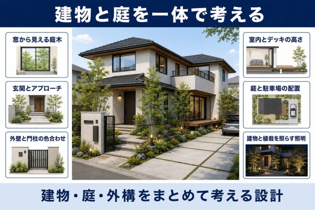 積水ハウスで建物・庭・外構を一体で考え、窓からの景色や玄関、デッキ、駐車場、照明まで計画するイメージ図