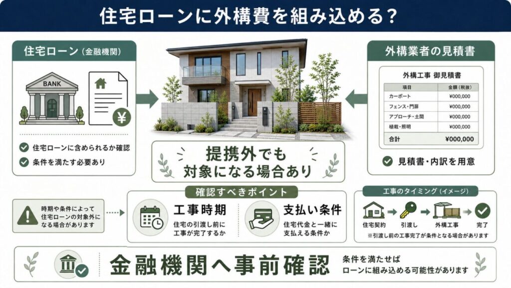 一条工務店の外構を提携外業者へ依頼する場合でも、外構費を住宅ローンに組み込める可能性を解説した図解。金融機関のアイコン、住宅、外構業者の見積書を配置し、工事時期や支払い条件、見積書の準備など、確認すべきポイントを分かりやすく整理している。一条工務店の外構で提携外を検討する人が、住宅ローンとの関係を理解しやすいイラスト。