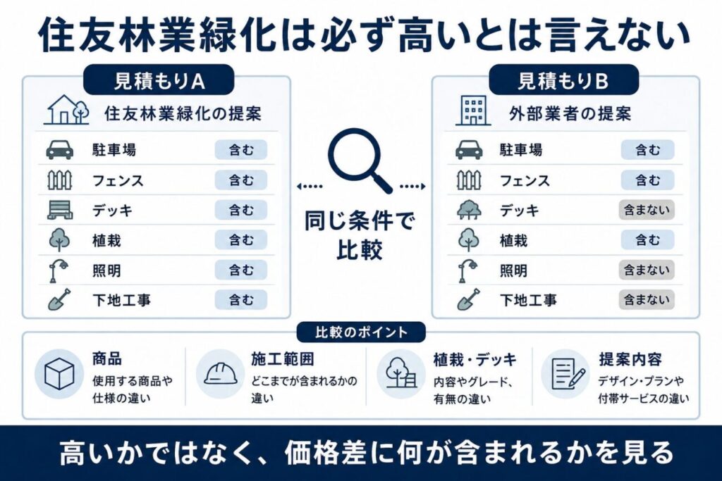 住友林業緑化の外構費用が必ず高いとは言えない理由を、施工範囲・植栽・デッキ・提案内容の違いから比較した図解