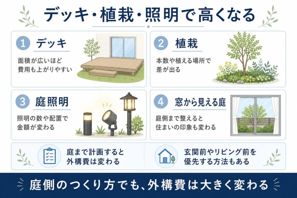 住友林業の外構費用がデッキの広さ・植栽・庭照明・窓から見える庭の計画で変わることを解説した図解