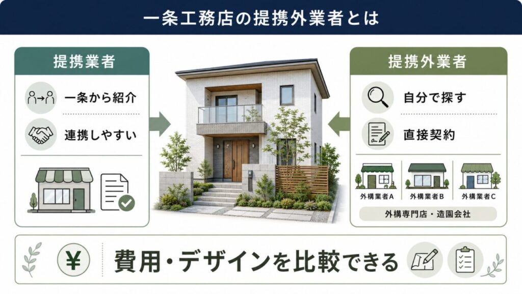 一条工務店の外構で提携外業者を選ぶ場合の基本を解説した図解。中央にモダンな新築住宅を配置し、左側に一条工務店から紹介される提携業者、右側に自分で探して直接契約する提携外業者を対比している。一条工務店の外構で提携外を選ぶと、費用やデザインを比較しやすくなる一方、自分で業者を探して進める必要があることを分かりやすく示したイラスト。