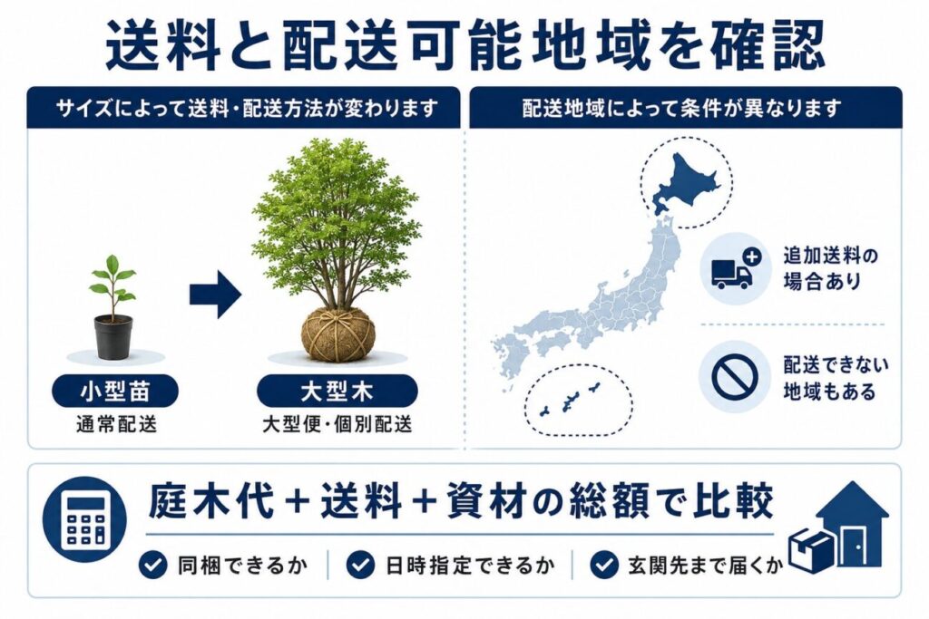 庭木通販の送料と配送可能地域を確認するポイントの図解。小型苗の通常配送と大型庭木の個別配送、北海道・沖縄・離島の追加送料や配送条件を解説。
