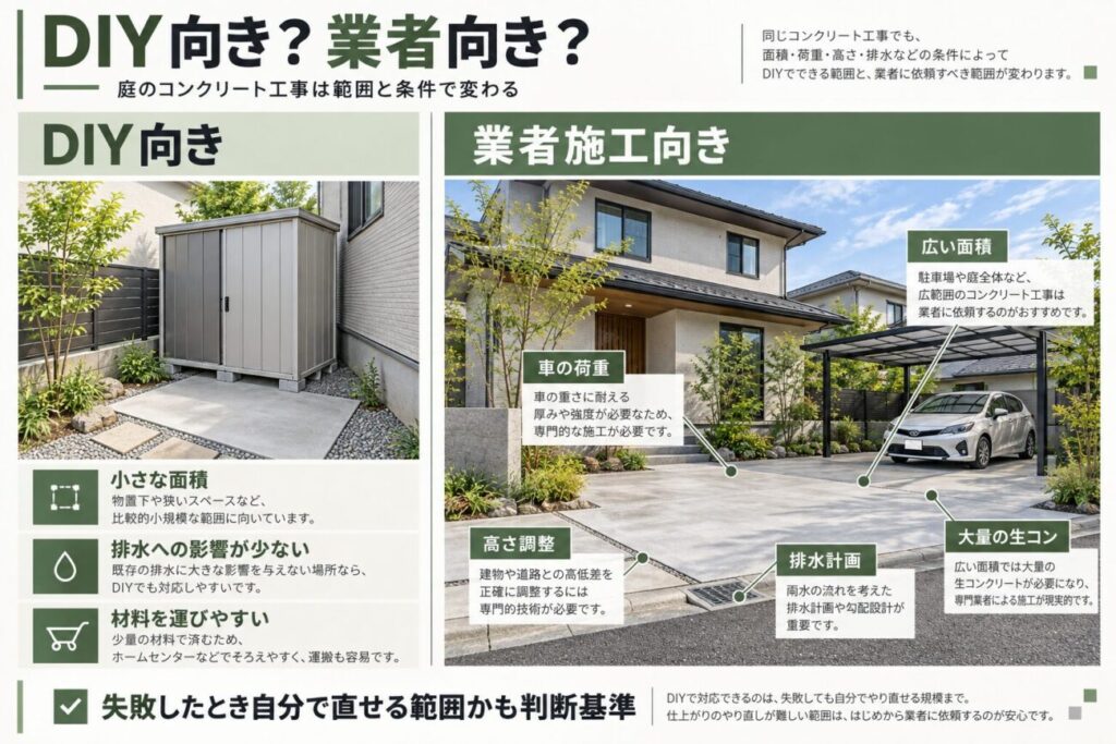 庭のコンクリートをDIYする場合と庭 コンクリート 業者へ依頼する場合の違いを比較。小面積の施工と駐車場など広い範囲の施工の向き不向きを解説。