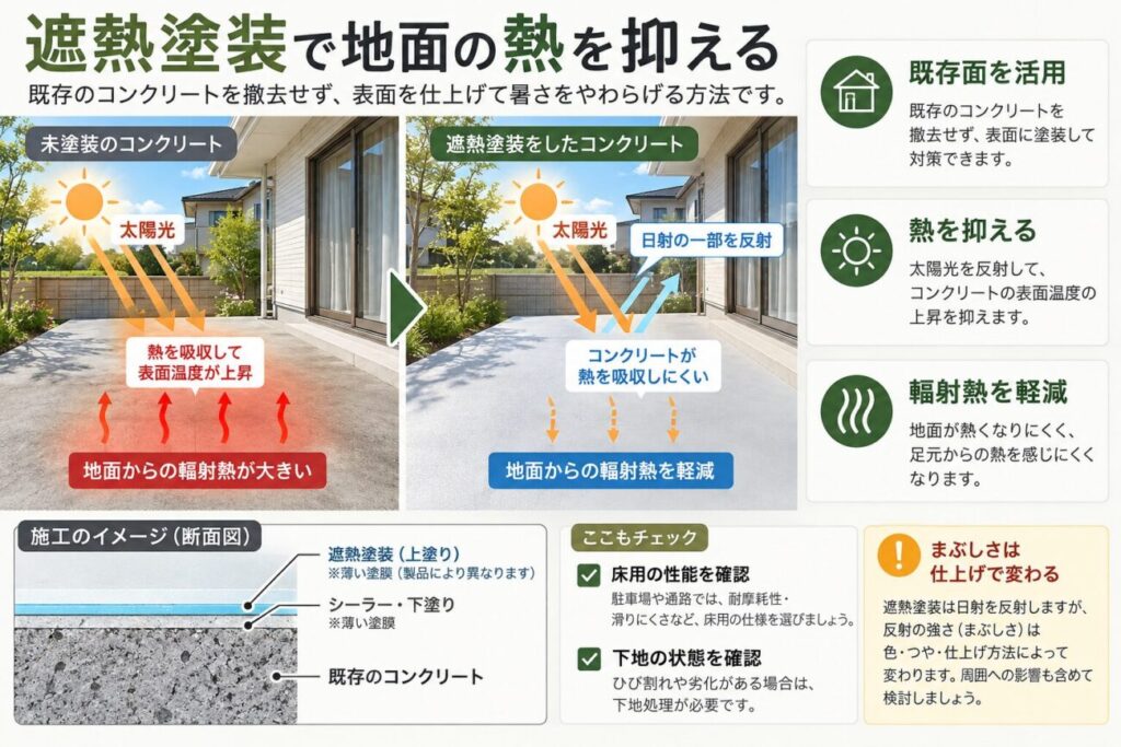 庭のコンクリートを撤去せず遮熱塗装を施工し、日射の一部を反射して表面温度の上昇や地面からの輻射熱を抑える仕組みを解説した図解。遮熱塗装、下塗り、既存コンクリートの薄い断面構造や、色・つやによるまぶしさの違いも紹介。