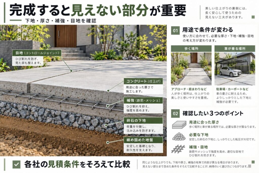 庭 コンクリート 業者へ依頼する前に確認したい下地、コンクリート厚、補強、目地を断面図で解説。砕石路盤やワイヤーメッシュなど完成後に見えない部分を紹介。