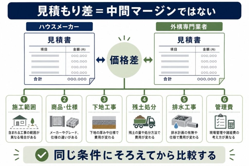 ハウスメーカーと外構専門業者の見積もり差は、中間マージンだけでなく施工範囲・商品・下地工事・残土処分・排水工事・管理費でも変わることを示した図解