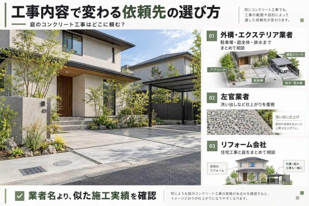 庭 コンクリート 業者の依頼先を比較した図解。外構・エクステリア業者、左官業者、リフォーム会社の違いと、それぞれに向いている工事内容を紹介。