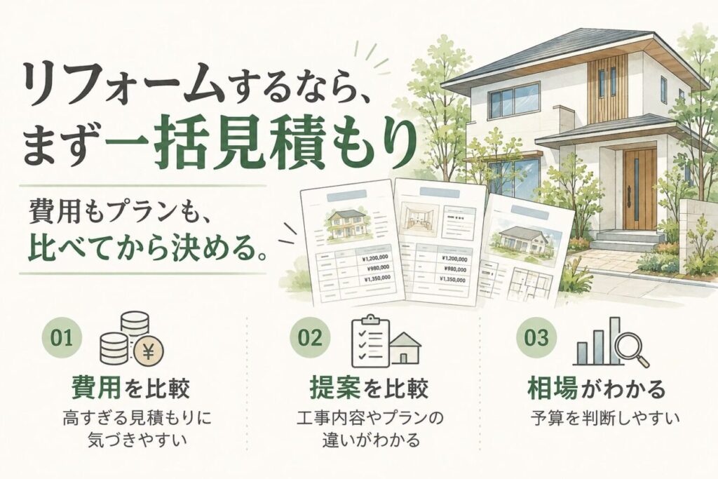 リフォームの一括見積もりを利用するメリットとして、複数社の費用を比較できること、工事内容やリフォームプランの提案を比較できること、相場や予算感を把握しやすいことを分かりやすく解説したイラスト。戸建住宅のリフォームで見積もり比較をしてから依頼先を決めたい人向けの案内画像。