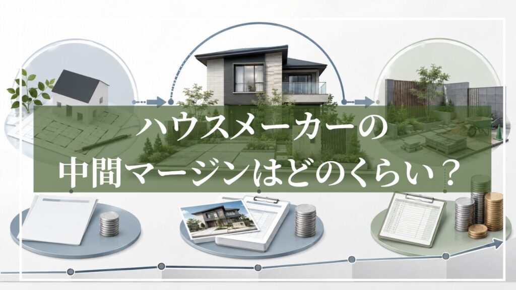 「新築と外構のイメージイラストに「ハウスメーカーの中間マージンはどのくらい?」と見出し入りの写真