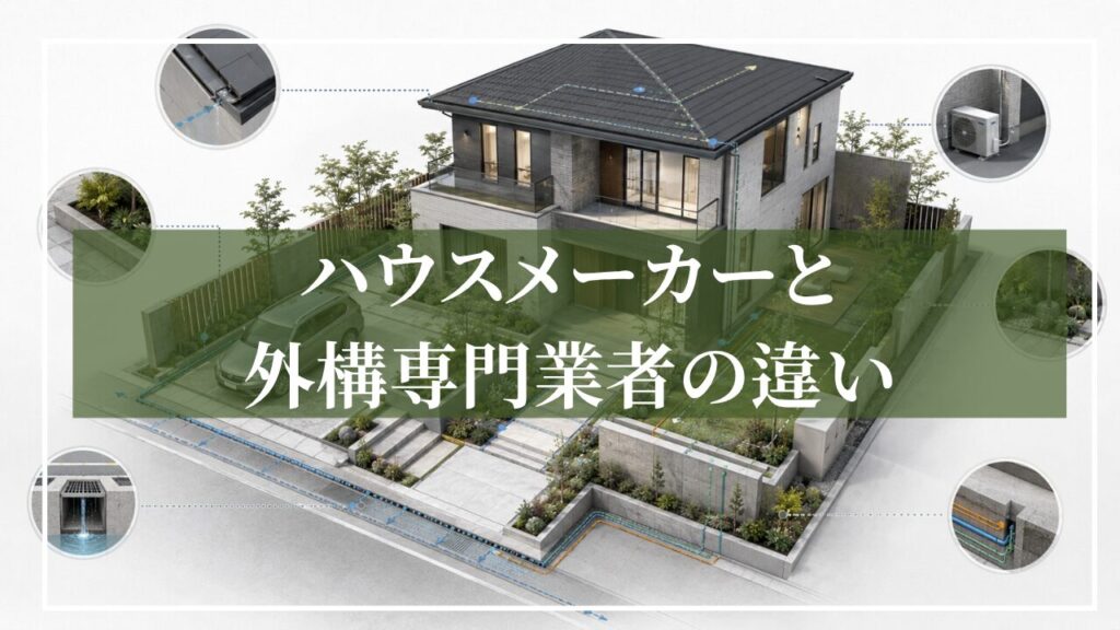 新築住宅のイメージ図に「ハウスメーカーと外構専門業者の違い」と見出しが書かれた画像