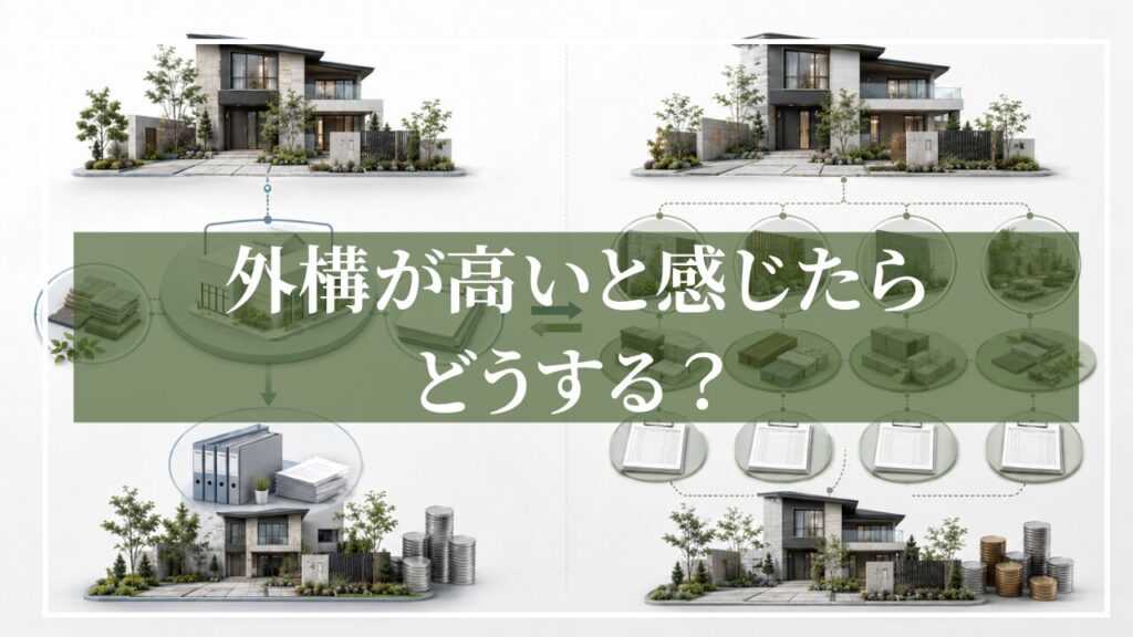 新築住宅の段階図に「ハウスメーカーの外構が高いと感じたらどうする?」と見出し入りの写真