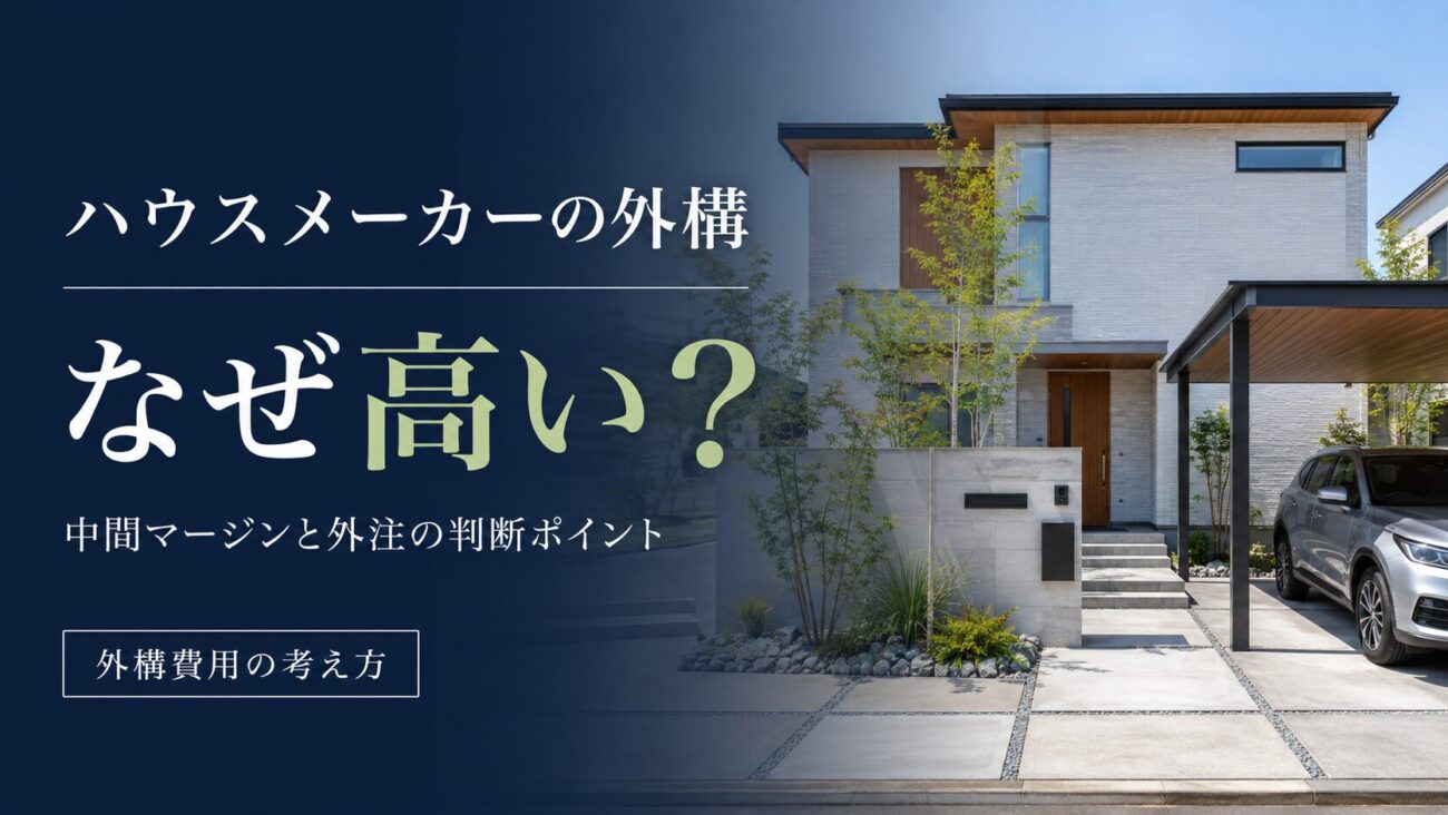 ハウスメーカーの外構はなぜ高いのかをテーマに、モダン住宅と外構を背景にして費用の考え方を分かりやすく表現したブログ記事用アイキャッチ画像