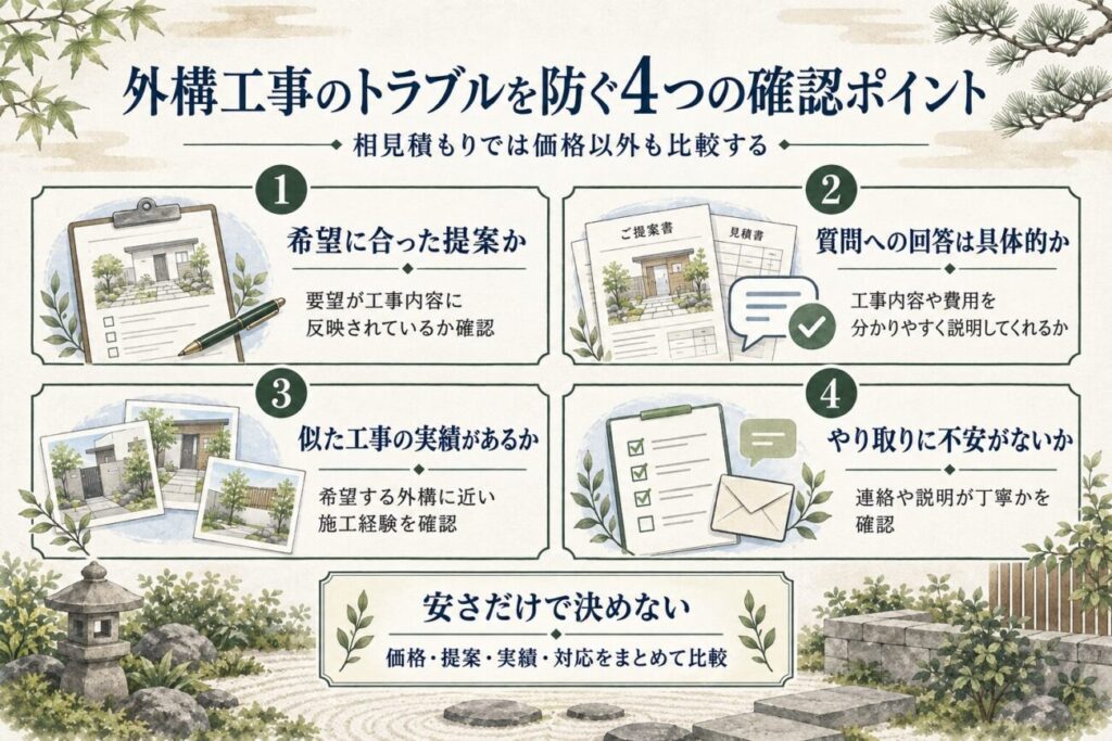 エクスショップの評判を確認する際に役立つ、外構工事のトラブルを防ぐための業者比較ポイント。希望に合った提案内容、質問への具体的な回答、似た外構工事の施工実績、担当者の対応を確認し、価格だけでなく総合的に比較する重要性をまとめた図解。
