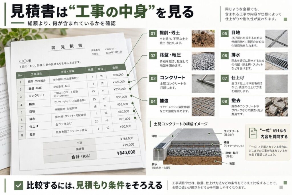 庭 コンクリート 業者の見積もりを比較する際、施工面積の安さだけで決めず、残土処分や排水調整など含まれる工事内容を確認する重要性を示した図解。